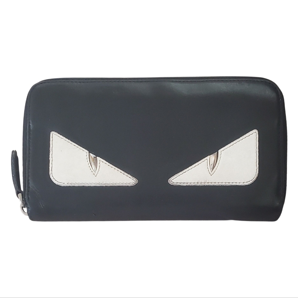 FENDI Monster Eyes Leather Continental Wallet in Black